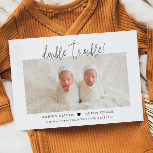 Double Trouble Twins Photo Birth  Announcement