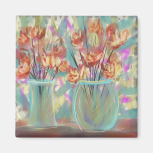 Double Vase Teal Bouquet Original Art Magnet