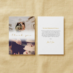 Double wedding photo, elegant gold script thank you card