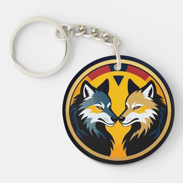 Double Wolf Emblem Logo With Golden Circle Key Ring (Front)