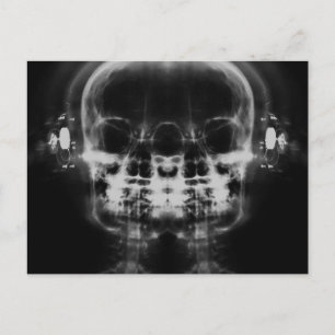Double X-Ray Skulls with Headphones - B&W Postcard