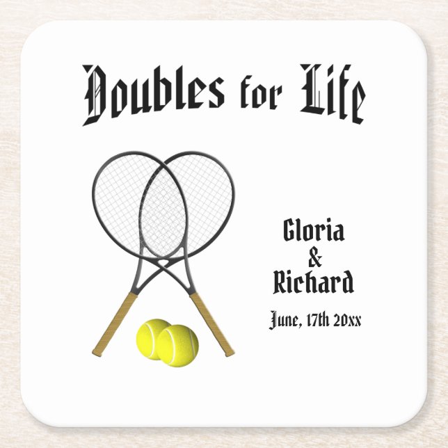 Doubles for  Life Tennis Wedding Square Paper Coaster (Front)