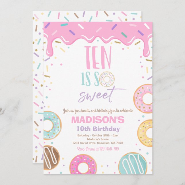 Doughnut 10th Birthday Party Ten Is So Sweet Invitation (Front/Back)