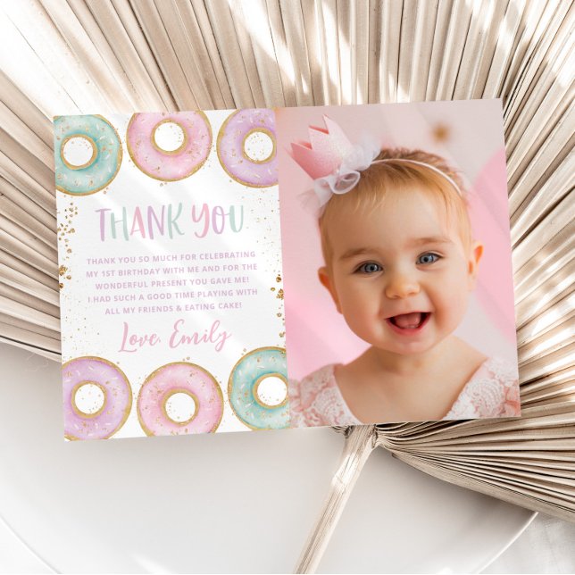 Doughnut 1st Birthday Flat Thank You Card Aqua (Creator Uploaded)