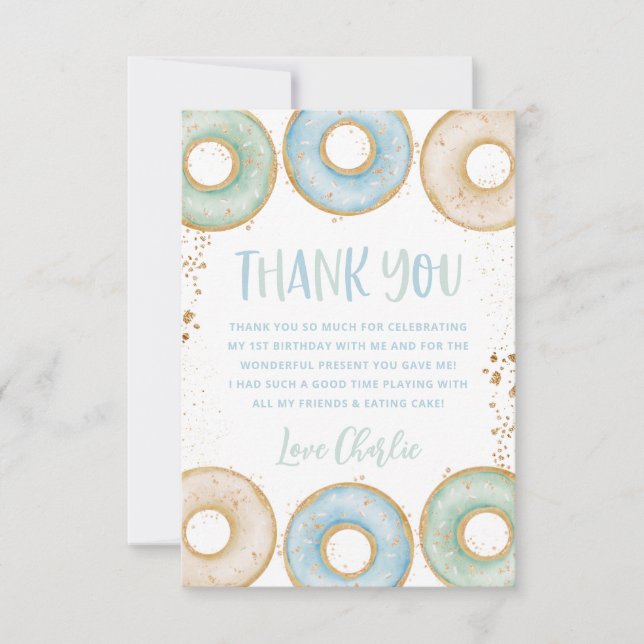 Doughnut 1st Birthday Flat Thank You Card Pink Blu (Front)