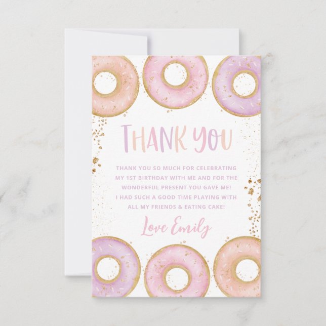 Doughnut 1st Birthday Flat Thank You Card Pink Pur (Front)