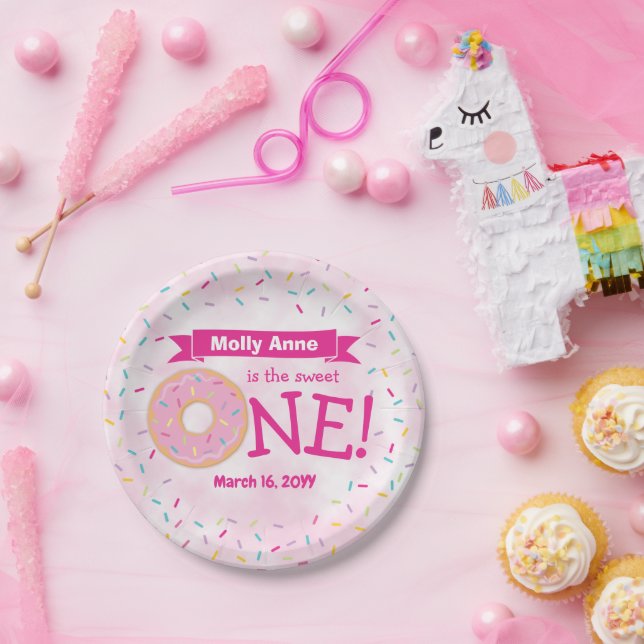 Doughnut 1st Birthday Girl Rainbow Sprinkles Paper Plate (Party)