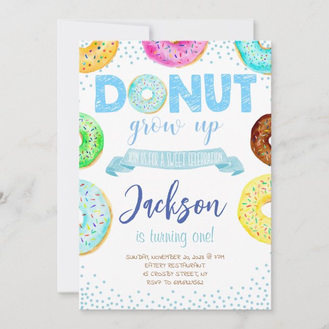 Doughnut 1st Birthday Invitation Boy Doughnut Grow (Front)