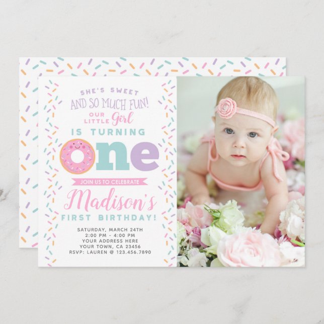 Doughnut 1st Birthday Invitation with Photo (Front/Back)