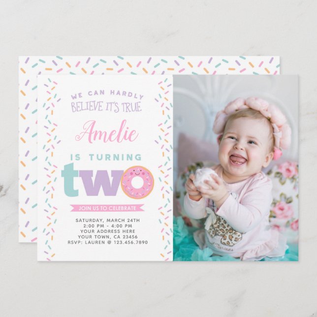 Doughnut 2nd Birthday Invitation with Photo (Front/Back)