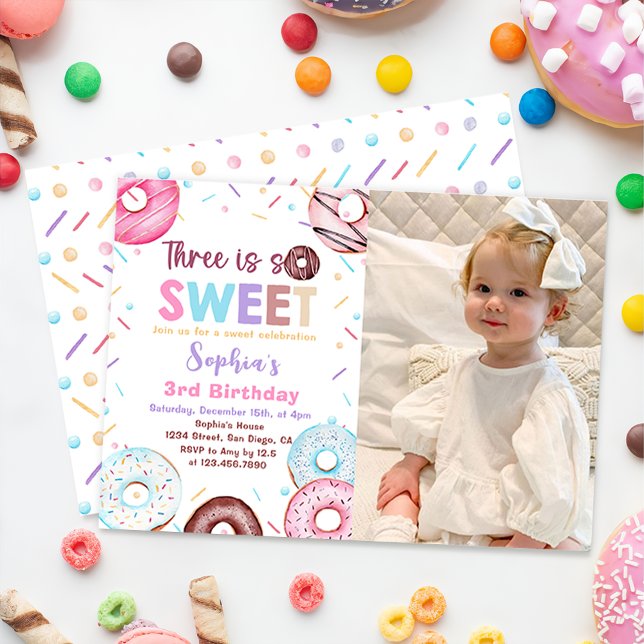 Doughnut 3rd Birthday Doughnut Three Is Sweet Phot Invitation (Creator Uploaded)