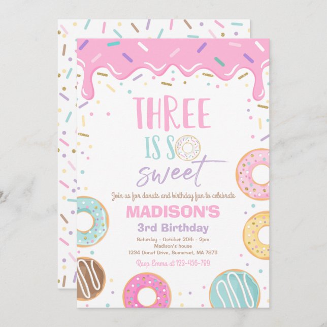 Doughnut 3rd Birthday Invite Doughnut Three Is Swe (Front/Back)