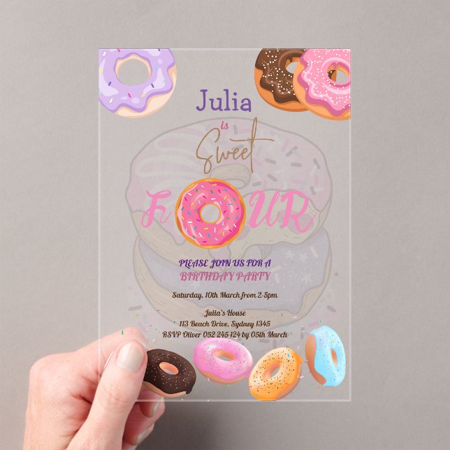 Doughnut 4th birthday girl acrylic invitations (Insitu (Handheld))
