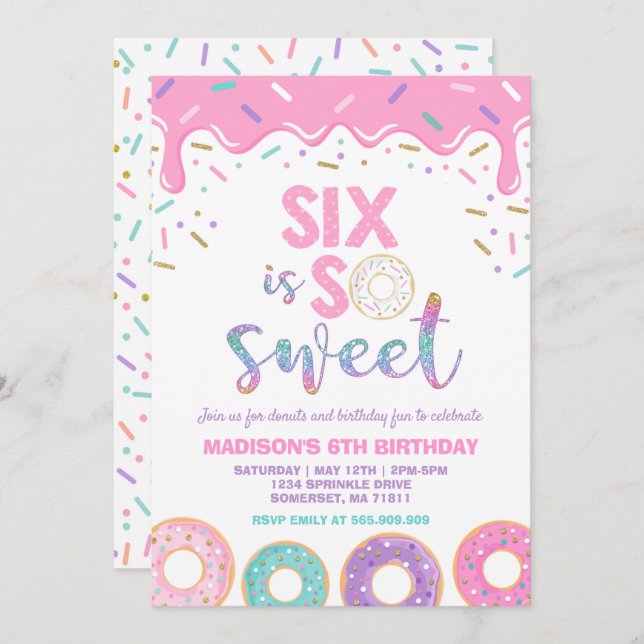 Doughnut 6th Birthday Invite Doughnut Six Is Sweet (Front/Back)