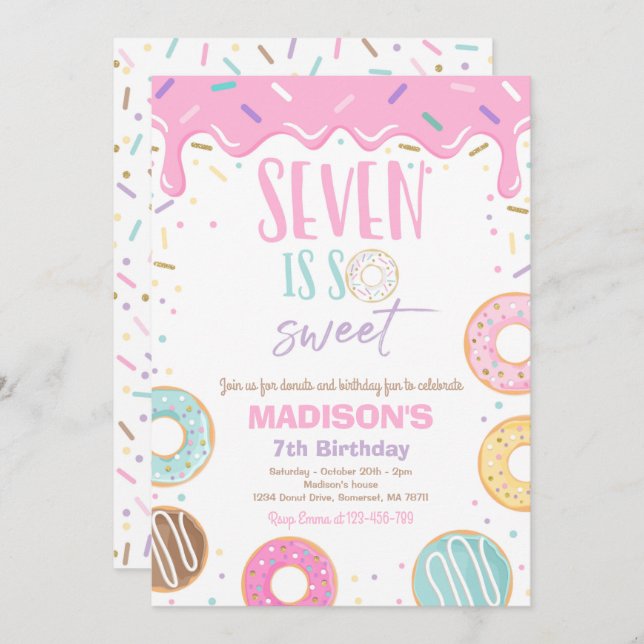 Doughnut 7th Birthday Party Seven Is So Sweet Invitation (Front/Back)