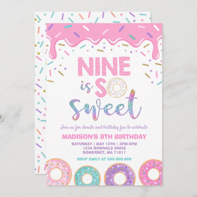 Doughnut 9th Birthday Invite Doughnut Nine Is Swee (Front/Back)