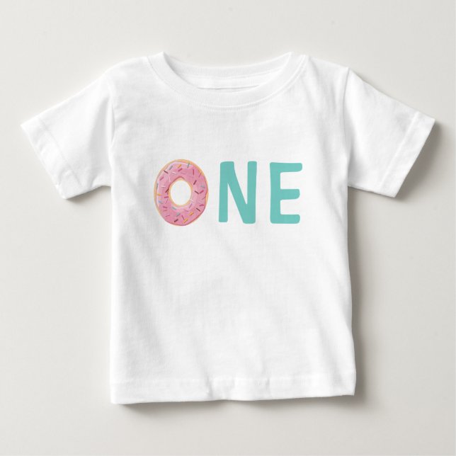 Doughnut Age One Invitation Birthday Personalised Baby T-Shirt (Front)