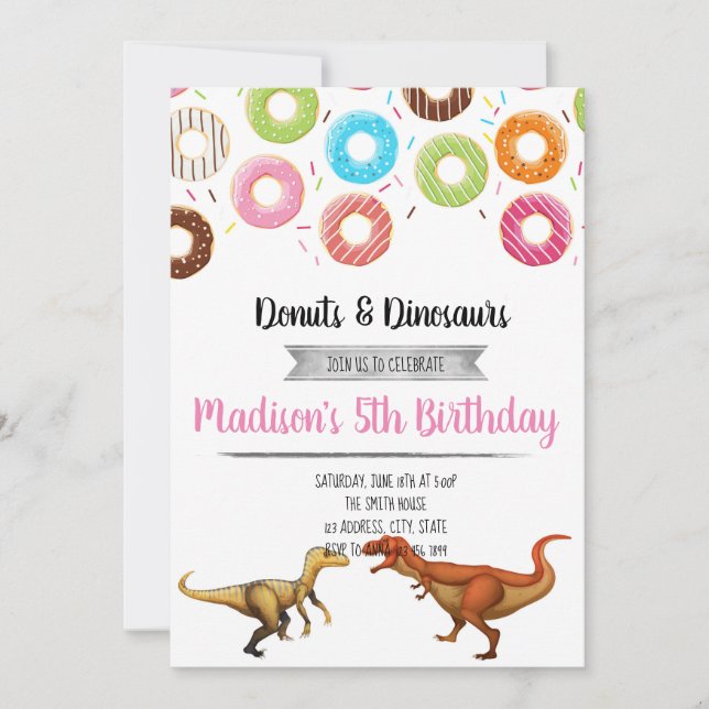 Doughnut and dinosaurs party invitation (Front)
