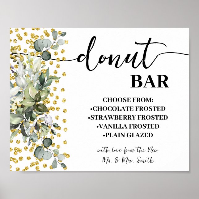 Doughnut Bar Wedding Bridal Shower Eucalyptus Gold Poster (Front)