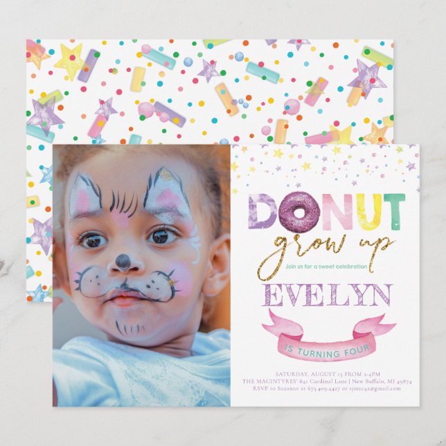 Doughnut Birthday Invitation Doughnut Grow Up Phot (Front/Back)