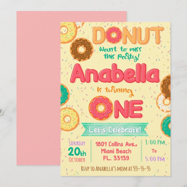 Doughnut Birthday invitation, Doughnut party Invitation (Front/Back)