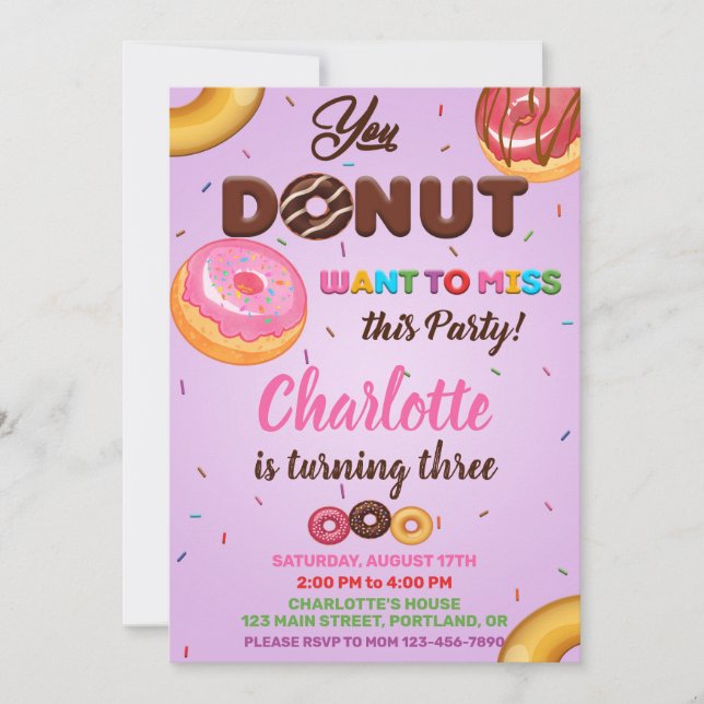 Doughnut birthday invitation Purple sprinkles Part (Front)