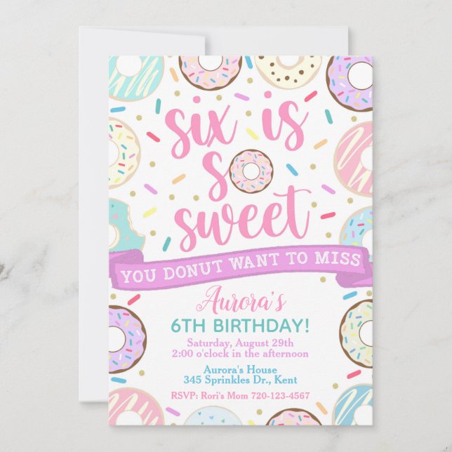 Doughnut Birthday Invitation, Six is Sweet Invitat Invitation (Front)