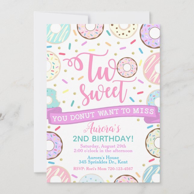Doughnut Birthday Invitation Two Sweet Party (Front)
