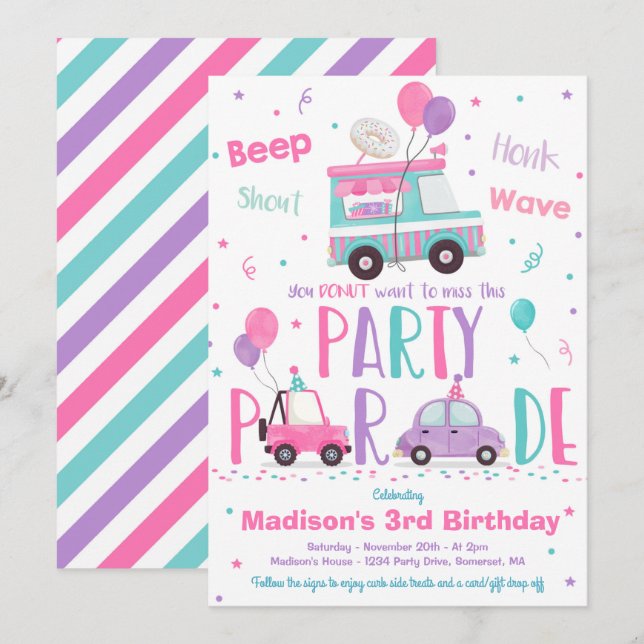 Doughnut Birthday Party Drive By Birthday Parade Invitation (Front/Back)