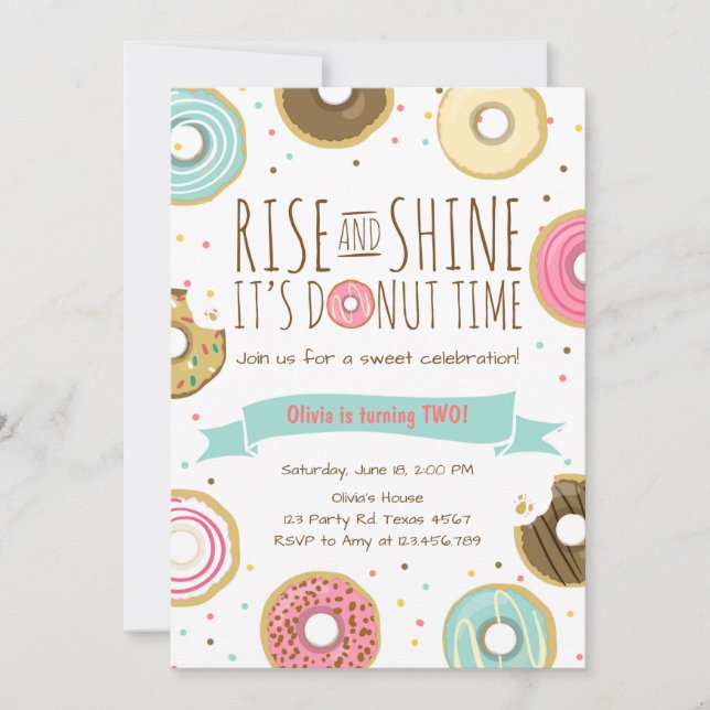 Doughnut Birthday Party Invitation Rise and Shine (Front)