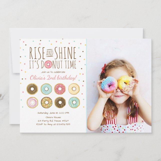 Doughnut Birthday Party Invitation Rise and Shine (Front)