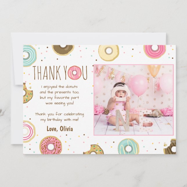 Doughnut Birthday Thank You Card Pink Girl Doughnu (Front)