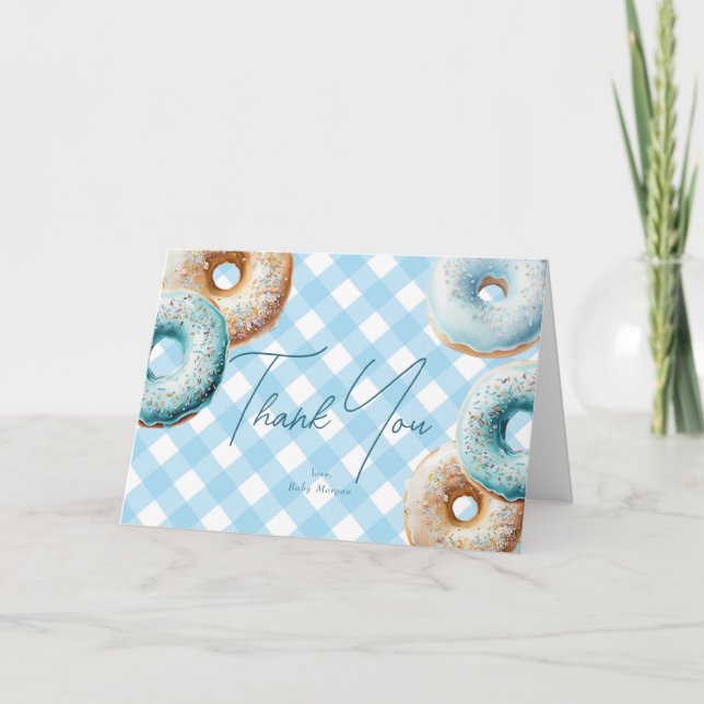 Doughnut | Blue Gingham Boy Baby Shower Thank You Card (Front)