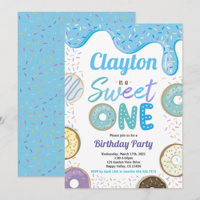 Doughnut Boy Sweet One 1st Birthday Party Blue  Invitation (Front/Back)