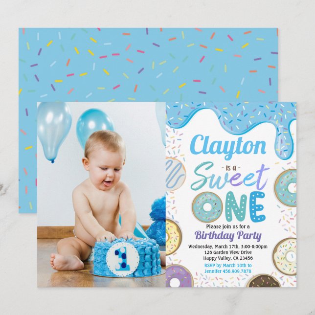 Doughnut Boy Sweet One 1st Birthday Party Blue Pho Invitation (Front/Back)