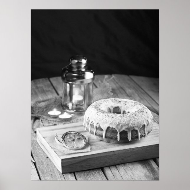 Doughnut Cake with Icing Glaze on Rustic Wooden Ta Poster (Front)