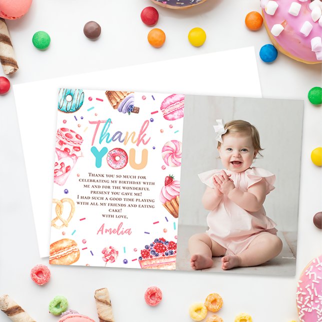 Doughnut Candy Girl Birthday Photo Thank You Card (Creator Uploaded)