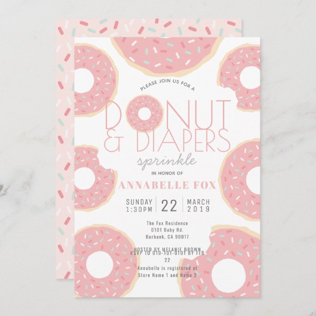 Doughnut & Diapers Sprinkle Pink Baby Shower Invitation (Front/Back)