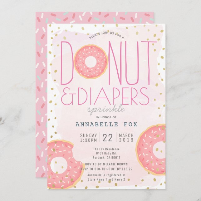 Doughnut & Diapers Sprinkle Pink Gold Baby Shower Invitation (Front/Back)