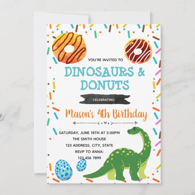 Doughnut dinosaur party invitation (Front)