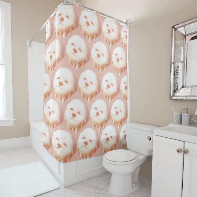 Doughnut Dream: Glazed Smile Pup Repeat Pattern Shower Curtain (In Situ)