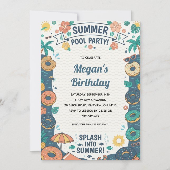 Doughnut end of summer pool party invitation (Front)