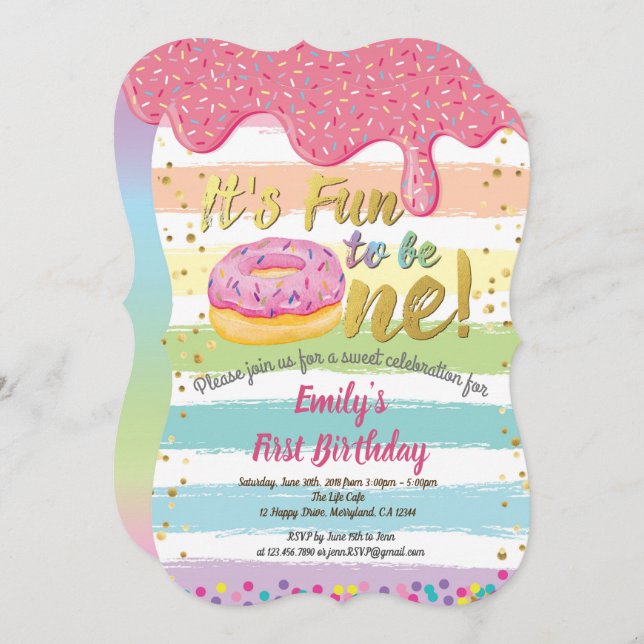 Doughnut first 1st birthday party pastel rainbow invitation (Front/Back)