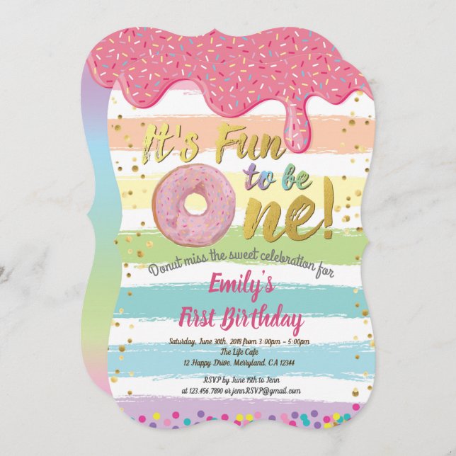 Doughnut first 1st birthday party pastel rainbow invitation (Front/Back)