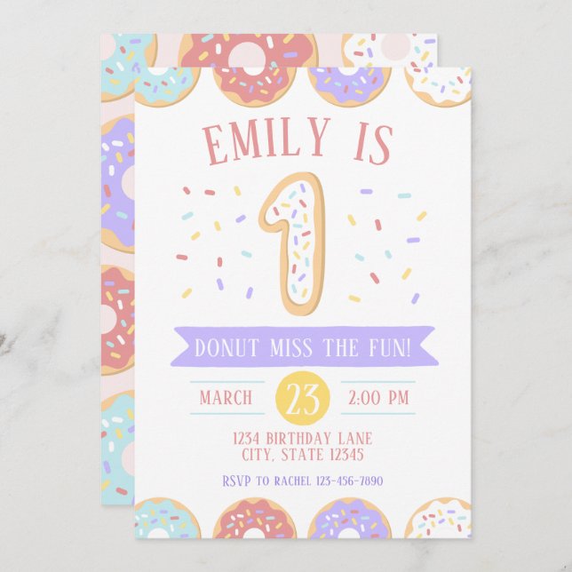Doughnut First Birthday Invitation (Front/Back)