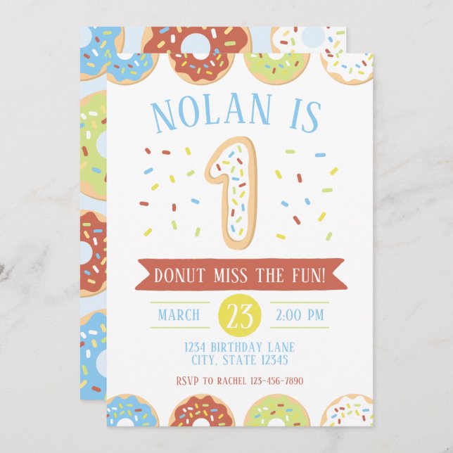 Doughnut First Birthday Invitation (Front/Back)