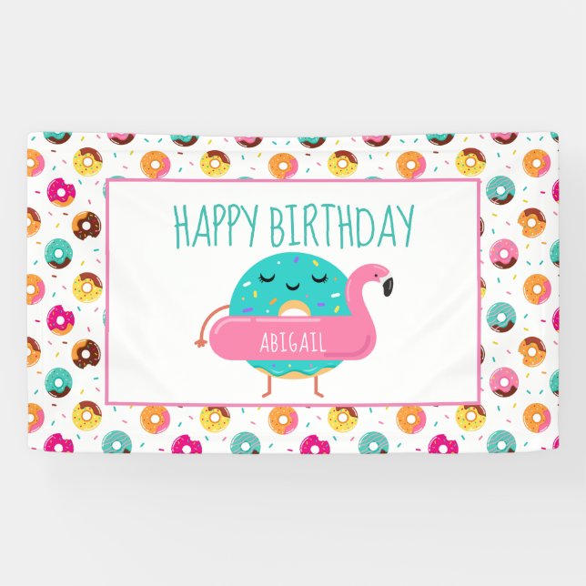 Doughnut Flamingo Birthday Pool Party Personalised Banner (Horizontal)