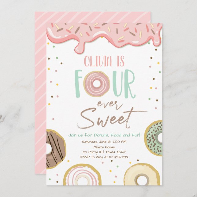 Doughnut Four Ever Sweet Girl 4th Fourth Birthday Invitation (Front/Back)