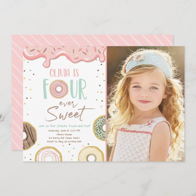 Doughnut Four Ever Sweet Girl 4th Fourth Birthday Invitation (Front/Back)