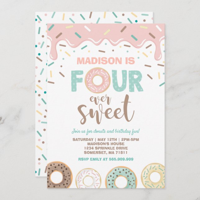 Doughnut Four Ever Sweet Invite Doughnut 4th Birth (Front/Back)